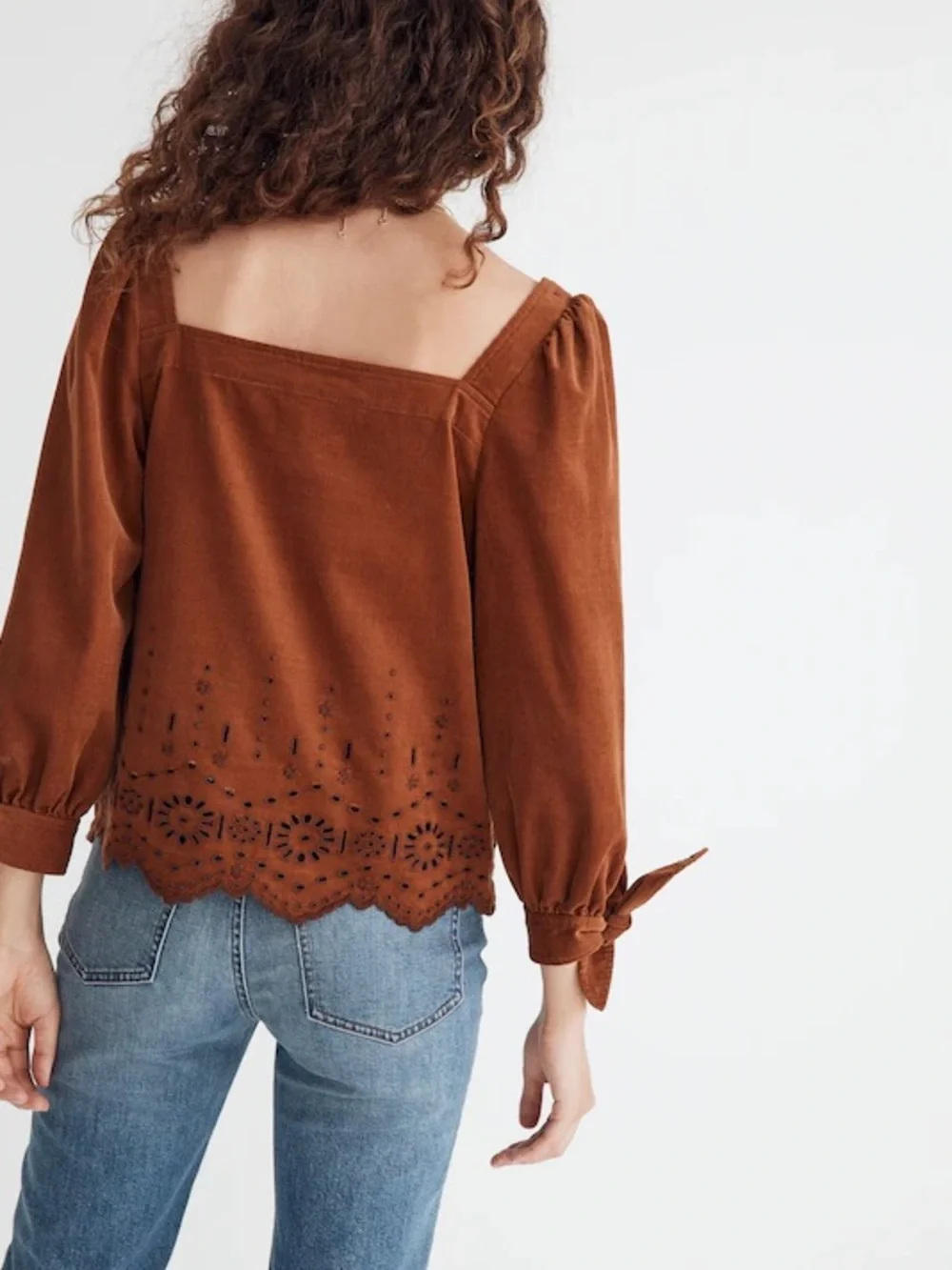 Madewell brown corduroy eyelet long sleeve straight neck top blouse XS